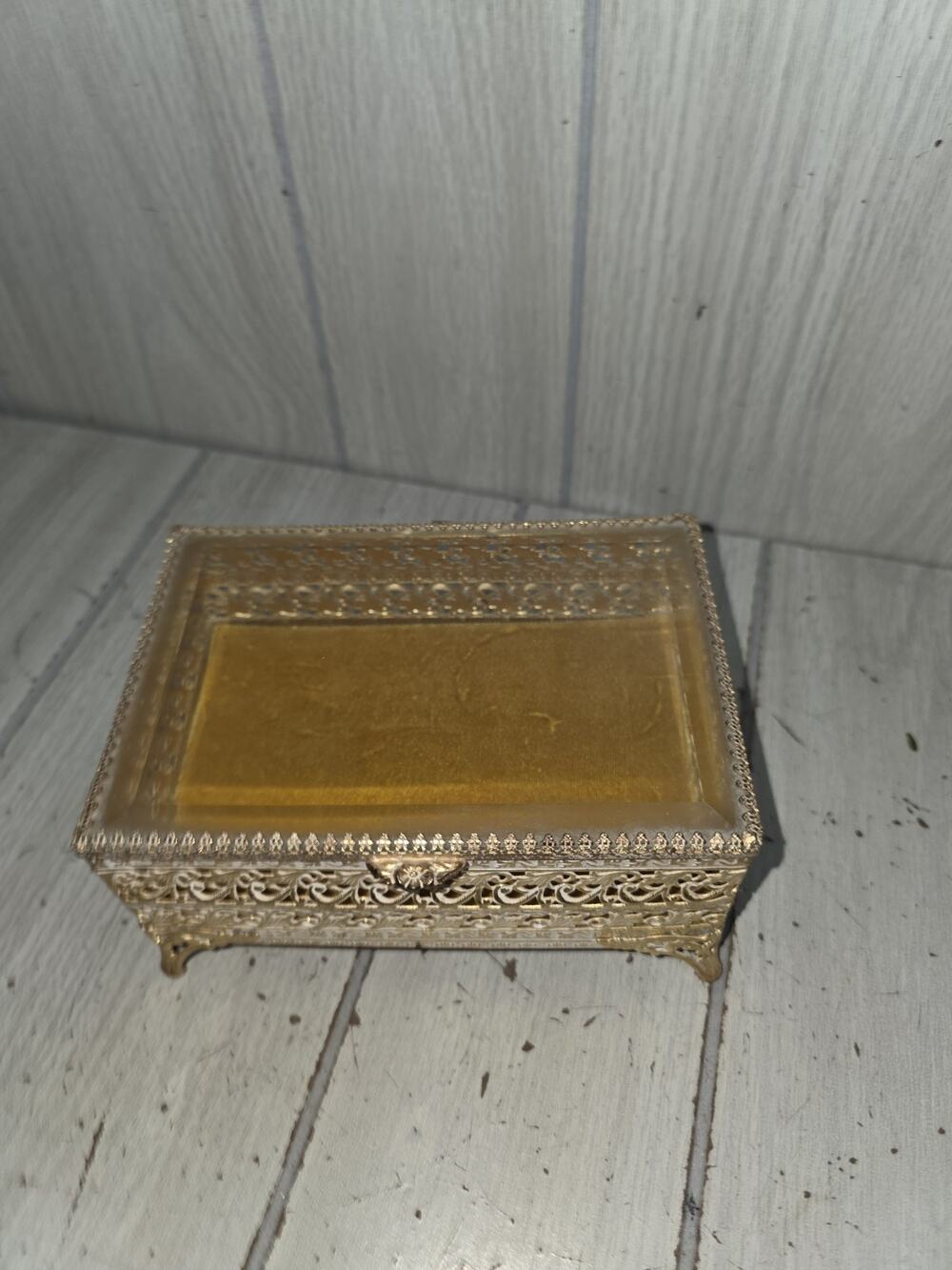Vintage Antique Gilt Filigree Velvet Lined Beveled Glass Jewelry Box Victorian